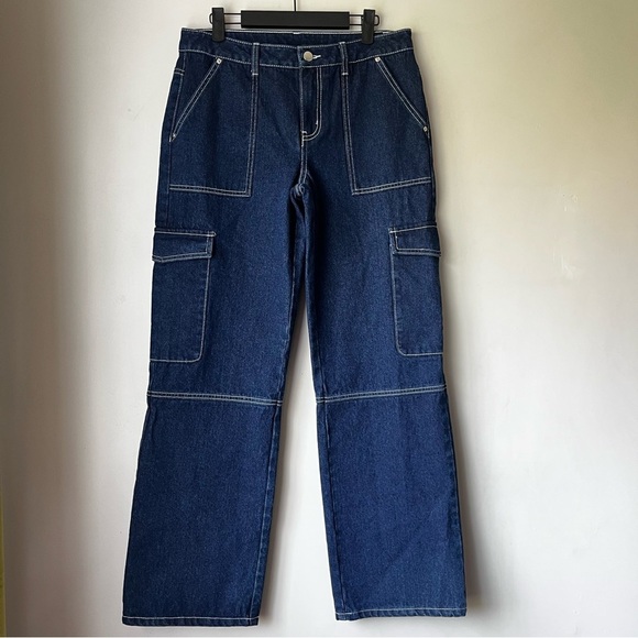 No Boundaries Dark Wash Denim Straight Leg Cargo Jeans M 8-10 - Picture 1 of 3